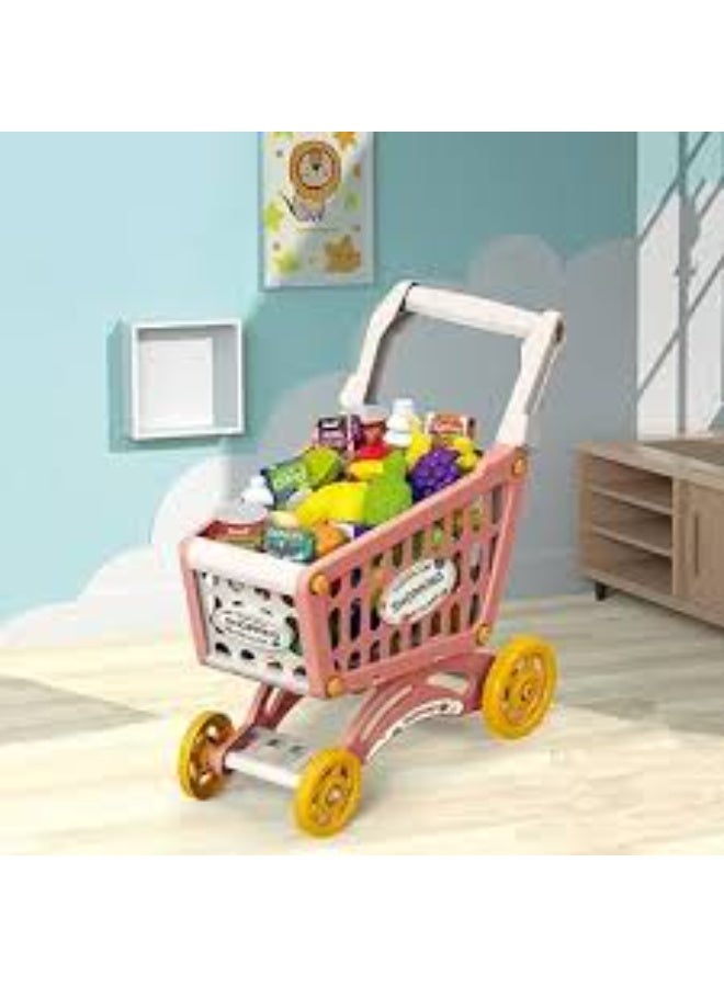لعبة عربة تسوق للأطفال باللونين الوردي والبرتقالي مع مقبض وعجلات - مجموعة بقالة تظاهرية - Image 2