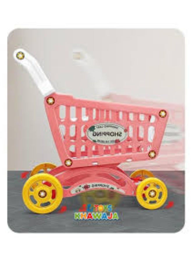 لعبة عربة تسوق للأطفال باللونين الوردي والبرتقالي مع مقبض وعجلات - مجموعة بقالة تظاهرية - Image 4
