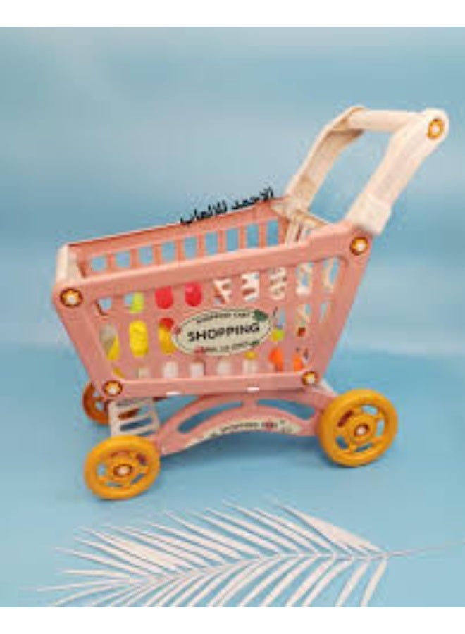 لعبة عربة تسوق للأطفال باللونين الوردي والبرتقالي مع مقبض وعجلات - مجموعة بقالة تظاهرية - Image 5