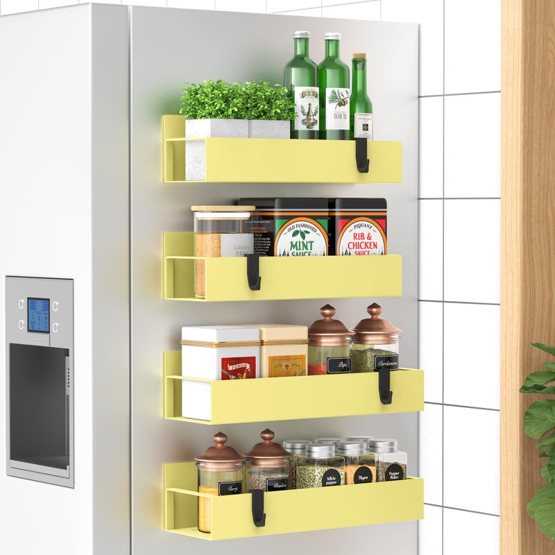 HuggieGems 4 Pack Magnetic Spice Storage Rack Organizer for Refrigerator and Oven Yellow Fridge Organizers and Storage