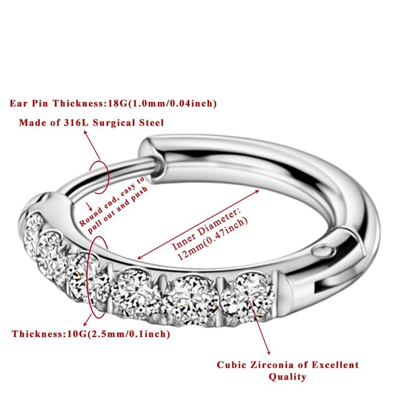 TDEBA 316L Surgical Stainless Steel Huggie Hoop Earrings for Women Men - 10G 12mm Silver Hoop Earrings with Clear Cubic Zirconia - Image 5
