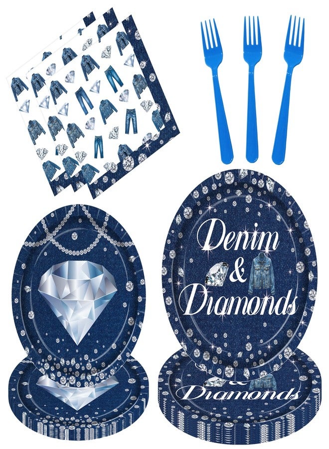 umoni Denim and Diamonds Party Tableware Included Paper Plates Napkins and Forks, Crystal Birthday Party Supplies for Bachelorette Wedding Decor - Image 1
