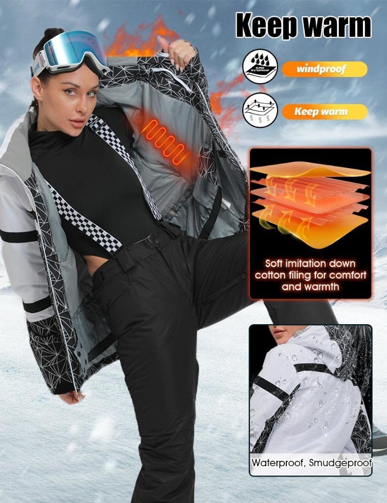GS SNOWING Women's Ski Jackets and Pants Set Windproof Waterproof Insulated Snowsuit Winter Warm Snowboarding Snow Coat #002Black+Black S - Image 3