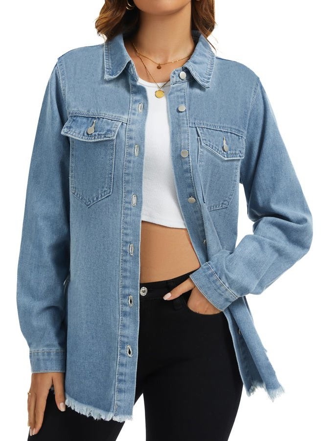 Bosmeer Women's Oversized Jean Jacket Casual Long Sleeve Denim Shirts Distressed Frayed Hem Denim Jackets Fall Outfits 2025, Blue, S - Image 2