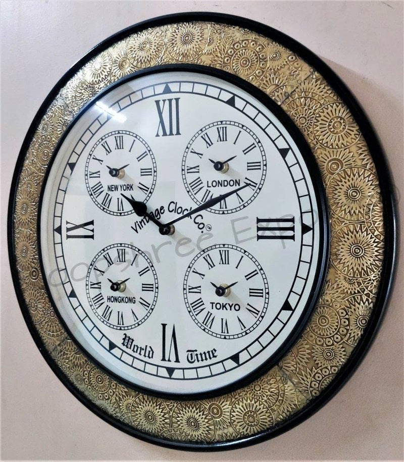 Vintage Clock Large Handcrafted Brass Inlay Wooden Clock / 1 Year Warranty/World Clock Numerals (VC-1711-16-WC) - Image 4