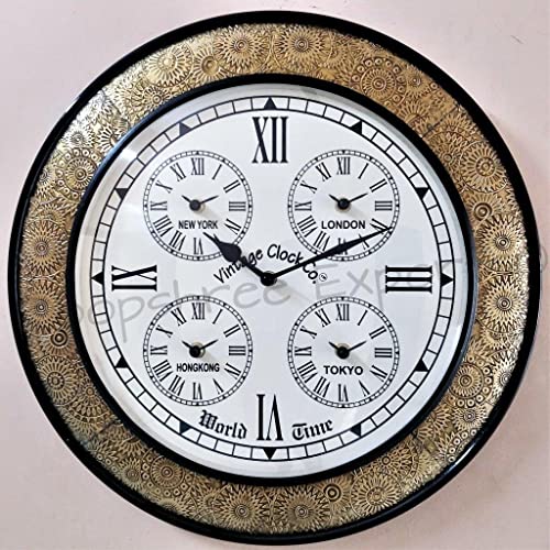 Vintage Clock Large Handcrafted Brass Inlay Wooden Clock / 1 Year Warranty/World Clock Numerals (VC-1711-16-WC) - Image 1