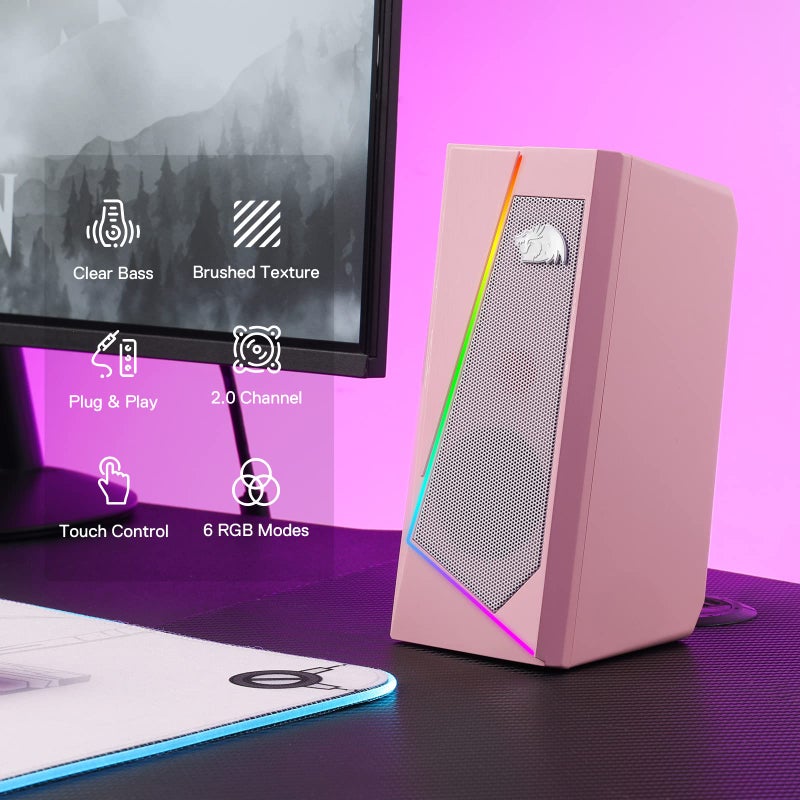Redragon GS520 RGB Desktop Speakers, 2.0 Channel PC Computer Stereo Speaker with 6 Colorful LED Modes, Enhanced Sound and Easy-Access Volume Control, USB Powered w/ 3.5mm Cable, Pink - Image 2