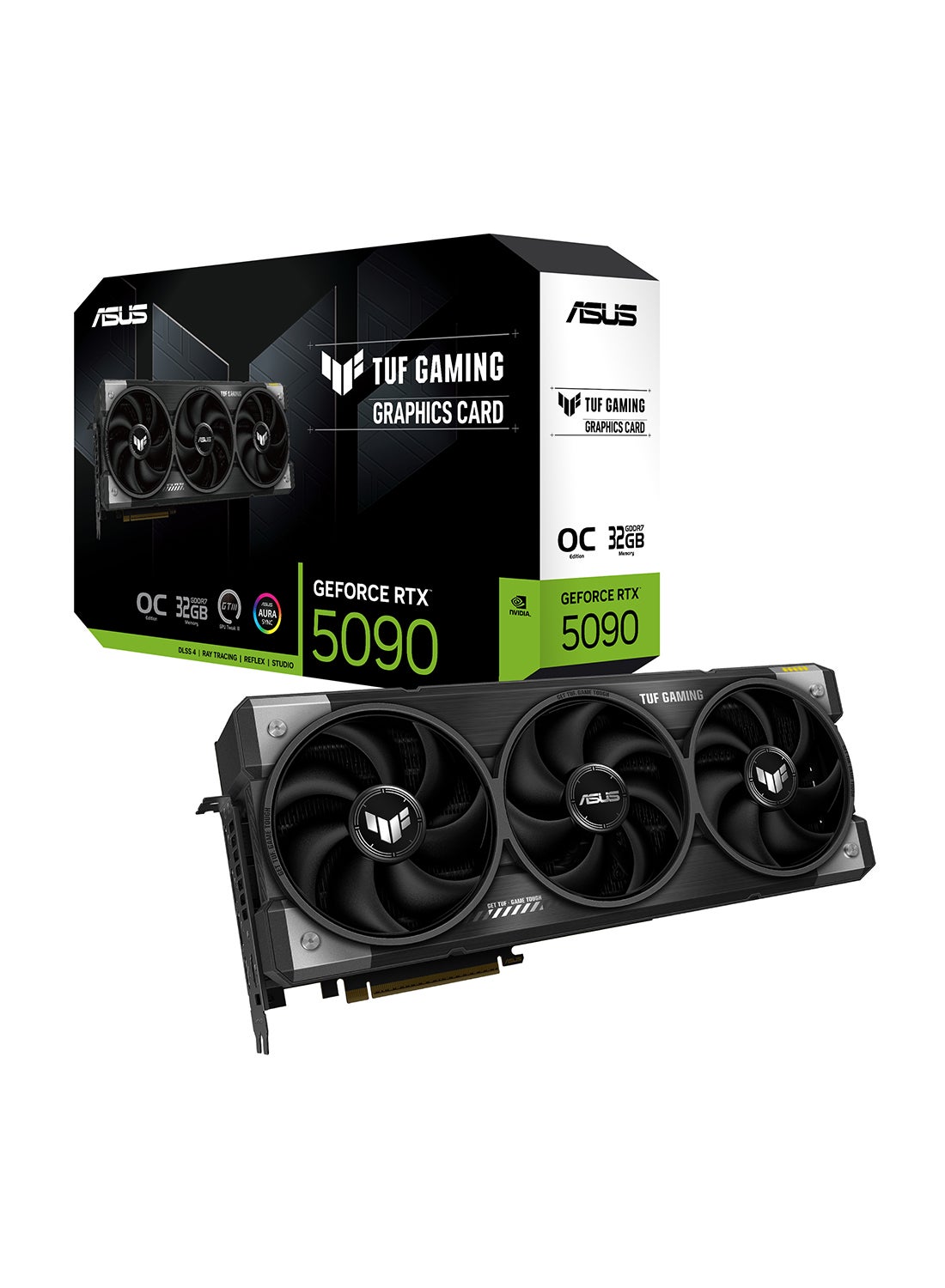 TUF GeForce RTX 5090 OC Edition O32G Gaming Graphics Card, 32GB GDDR7, 21760 CUDA Cores, PCIe 5.0, 28 Gbps Memory Speed, 512-bit Memory Interface, HDMI 2.1b x 2, DisplayPort 2.1b x 3, 7680x4320 Resolution, AURA SYNC, 1000W PSU Recommended, ARGB Lighting, 3.6-Slot Design Black