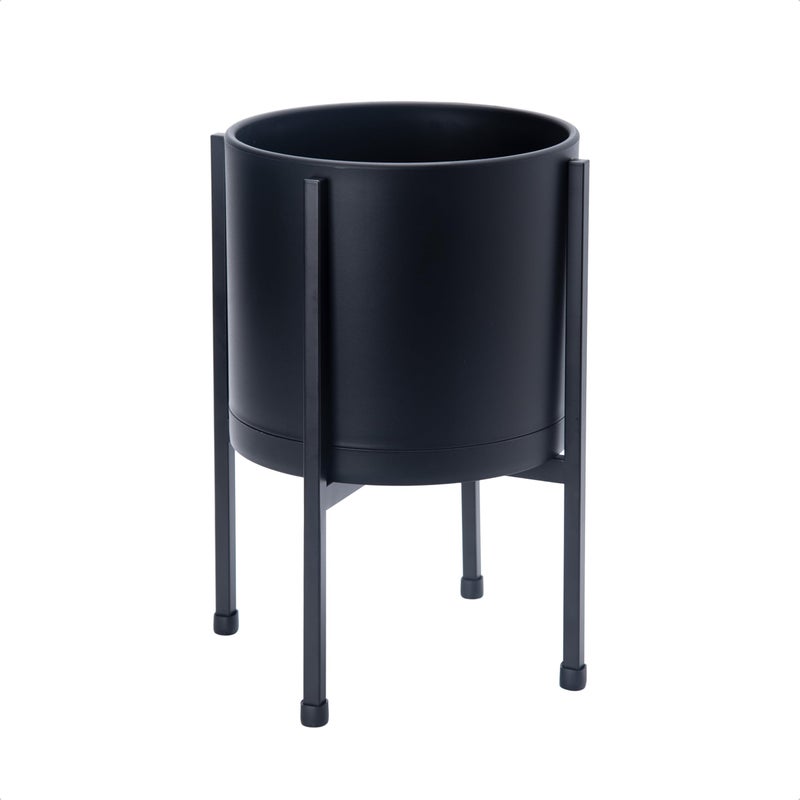 D'vine Dev 8 Inch Black Planter Pot with Stand â€“ Modern Plastic Cylinder Flower Pot with Heavy-Duty Metal Stand for Indoor Plants, 55-D-B-1 - Image 1