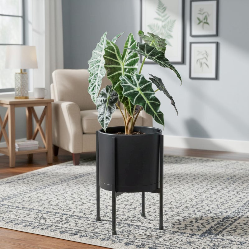 D'vine Dev 8 Inch Black Planter Pot with Stand â€“ Modern Plastic Cylinder Flower Pot with Heavy-Duty Metal Stand for Indoor Plants, 55-D-B-1 - Image 2