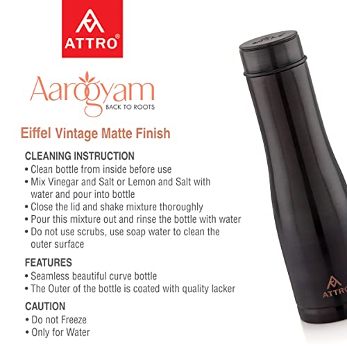 ATTRO Eiffel Vintage Matte Finish Copper Water Bottle Leak Proof, Joint Less Ayurveda and Yoga Health Benefits - 1000 ml - Image 5