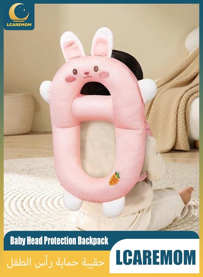 LCAREMOM Baby Head Protection Backpack, Soft Cushion Anti Fall Toddler Safety Pillow, Breathable Hollow Design Infant Walking Protector Adjustable Strap Pink Rabbit - Image 1
