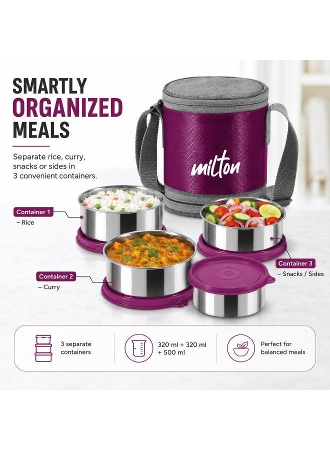 Milton Insulated Stainless Steel Lunch Box 1140ml with 3 Containers Leak Proof Tiffin and Carry Bag for School Office Picnic Wine - Image 2