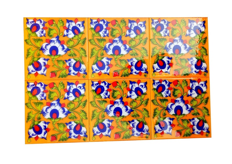 Shiv Kripa Blue Pottery Home Decor Tile Ceramic High Lighter Wall Bathroom Tiles 6 x 6 Inch Set of 6 Tiles Yellow Multi