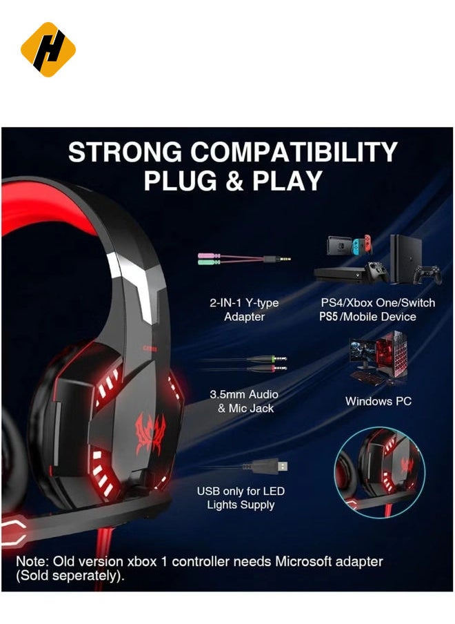 HuHa - G2000 Gaming Headset, Surround Stereo Gaming Headphones with Noise Cancelling Mic, LED Light & Soft Memory Earmuffs, Works with Xbox One, PS4, Nintendo Switch, PC Mac Computer Games - Red - Image 1