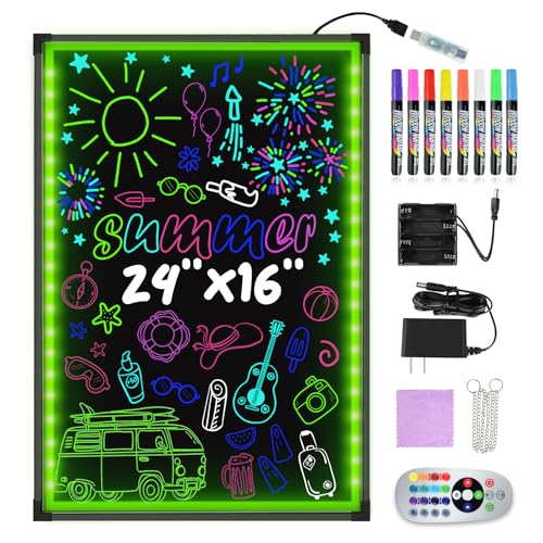 Hosim LED Message Writing Board, 24" x 16" Illuminated Erasable Neon Effect Restaurant Menu Sign with 8 Colors Markers, 7 Colors Flashing Mode DIY Message Chalkboard for Kitchen Wedding Promotions - Image 1