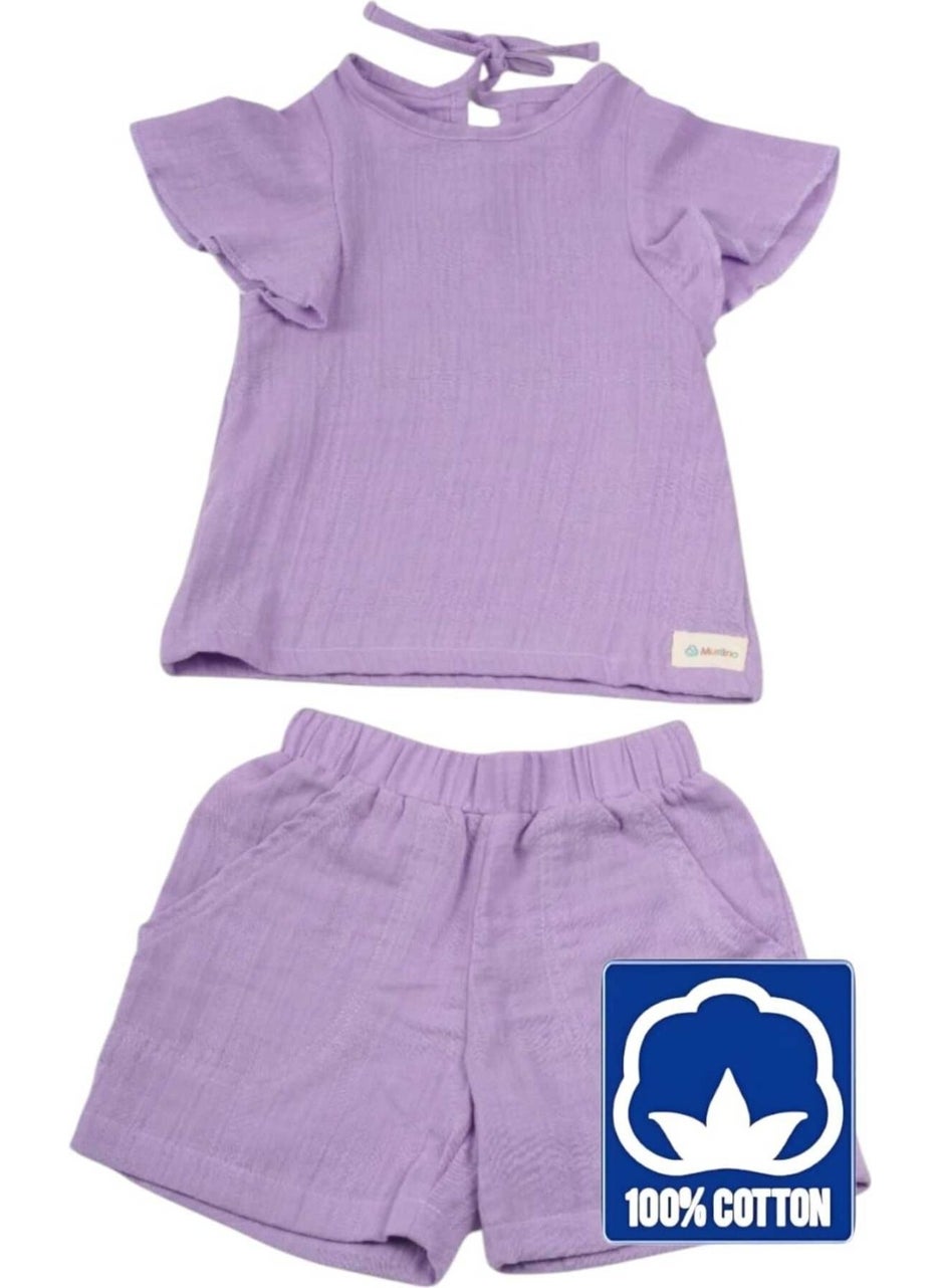 Tezzgelsin - Girls 2 Layer Muslin Fabric 100% Organic Cotton Shorts T-Shirt Set - Image 1