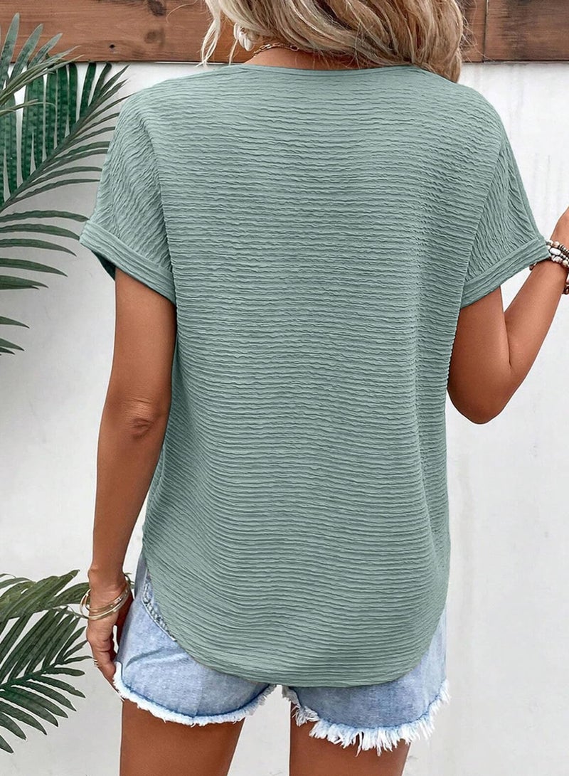 EVALESS Womens 2025 V Neck Cap Short Sleeve T Shirts Fashion Trendy Spring Summer Loose Fit Plain Cute Textured Tops Casual Tee Blouses Clothes,Light Blue Medium - Image 4