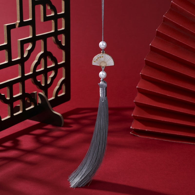 Generic Pearl White Fan Tassel Chinese Hanfu Car Pendant Silver Gray