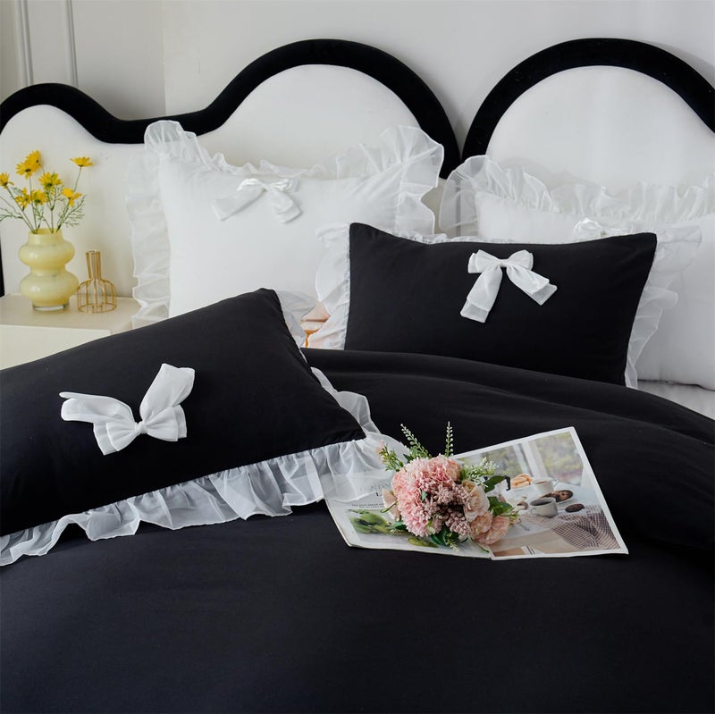 SOUKECHY Girls Lace Bedding,Queen Comforter Cover Set, Chic Ruffled Duvet Cover with Lovely Bow,Princess Style 1 Duvet Cover with 2 Pillowcases, No Comforter-Black,Queen Size - Image 3