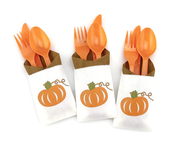 Orange Pumpkin Party Cutlery 24 Set for Fall Birthday or Baby Shower Supplies