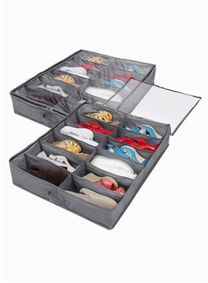 Organizing Bins Under Bed Shoes Tidy Organiser Foldable Fabric Holder Closet Large Heavy Duty Underbed Storage Bag with Clear Lid 80 x 63 x 15 cm Grey Pattern 12 Pockets x 2  - Image 1