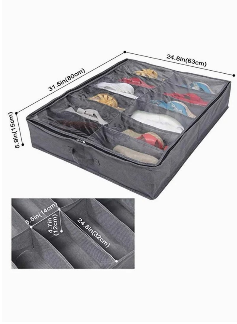 Organizing Bins Under Bed Shoes Tidy Organiser Foldable Fabric Holder Closet Large Heavy Duty Underbed Storage Bag with Clear Lid 80 x 63 x 15 cm Grey Pattern 12 Pockets x 2  - Image 2