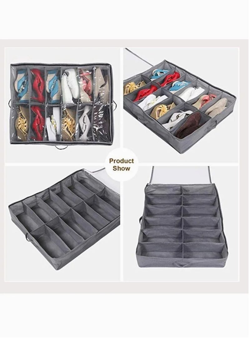 Organizing Bins Under Bed Shoes Tidy Organiser Foldable Fabric Holder Closet Large Heavy Duty Underbed Storage Bag with Clear Lid 80 x 63 x 15 cm Grey Pattern 12 Pockets x 2  - Image 3