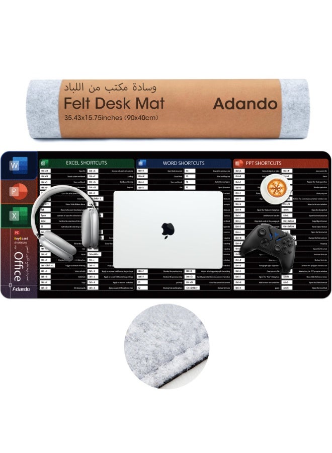 Adando Felt Desk Mat Mousepad: 90x40cm Felt Anti-Slip keyboard and Mouse Pad - Large Desk Pad with Office Shortcuts Pattern for Gaming, Office, Home - Fit for Desk Accessories, PC, Computer, Laptop