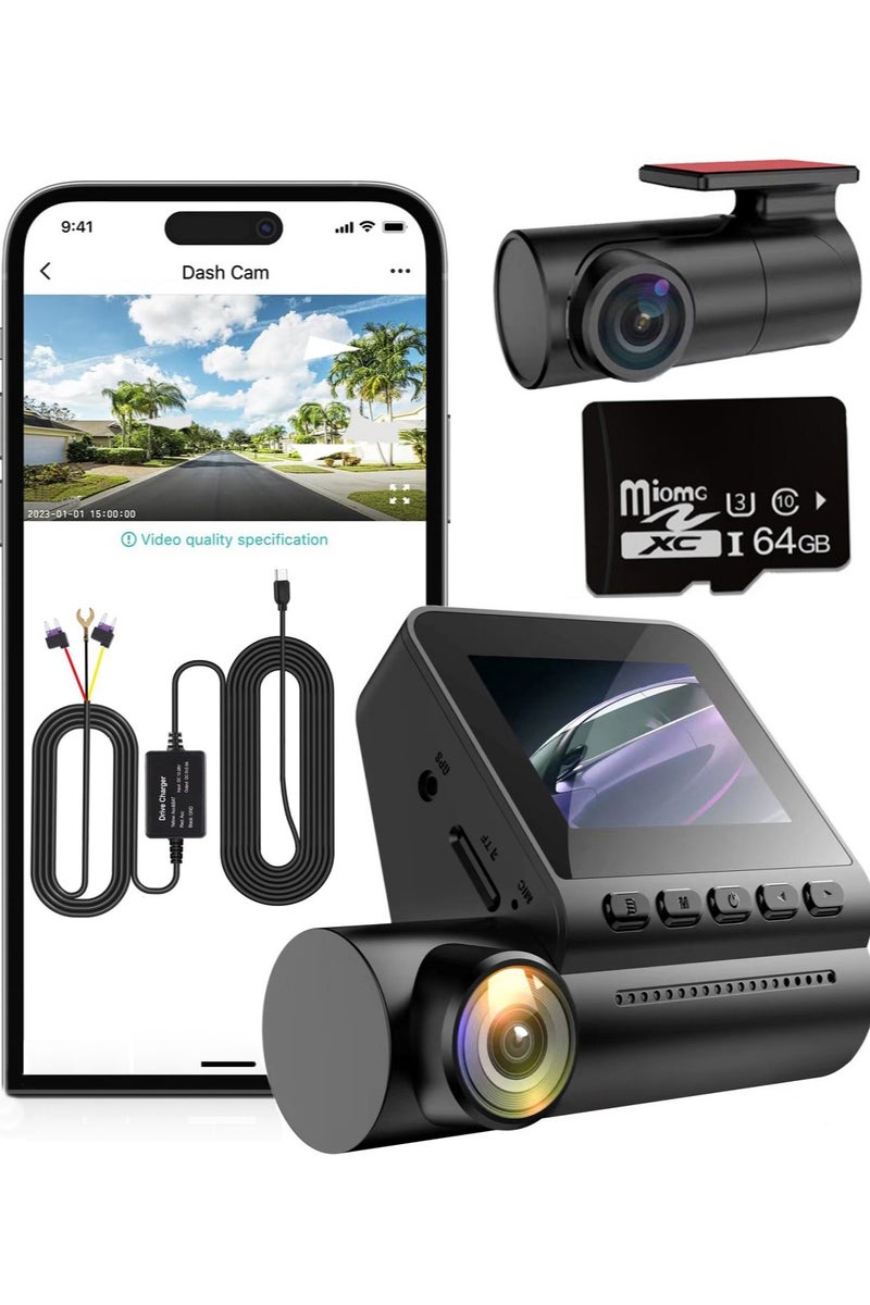 Generic Dash Cam  Front and Rear 4K Ultra Full HD with 64GB Card, Smart Dash Camera for Cars, 24 hours parking monitoring  - Image 1