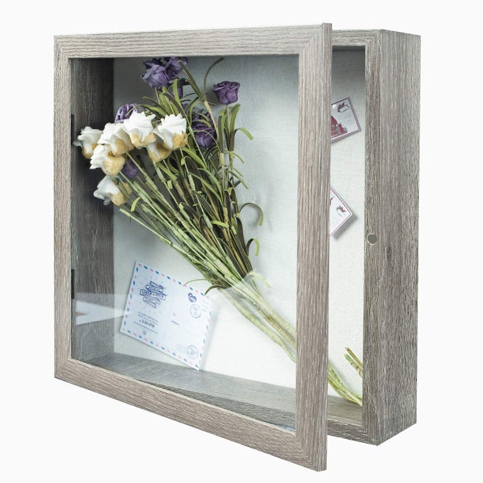 11X11 SHADOW BOX PICTURE FRAME 216 INTERIOR DEEP WOOD GLASS DISPLAY CASE READY TO HANG MEMORY BOX BABY SPORTS MEMORABILIA WEDDING TICKETS AND PHOTOS TEXTURE GRAY