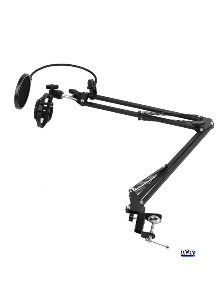 TIGER Adjustable Foldable Microphone Stand – Heavy Duty Metal Mic Arm Bracket with Shock Proof Holder, Windshield Pop Filter for Studio Recording, Live Video Broadcasting, and Online Singing - Image 2