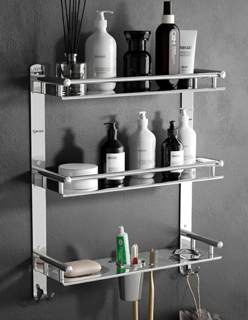 GRIVAN Stainless Steel 3 Layer/3 Tier Multipurpose Bathroom Shelf/Rack/Organizer/Stand/Holder with Double Soap Dish and Toothbrush Holder Tumbler Bathroom Accessories - Image 1