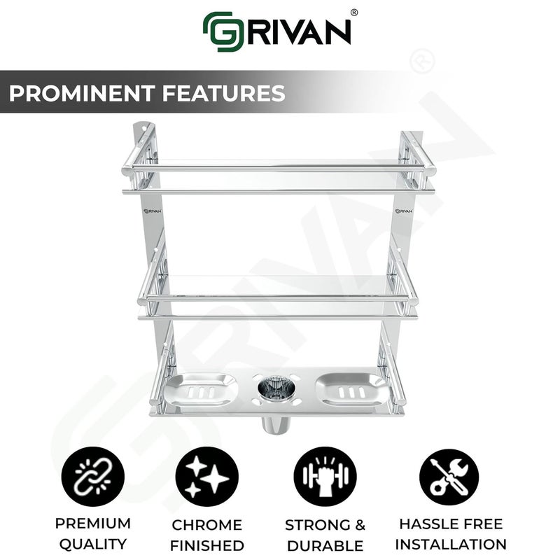 GRIVAN Stainless Steel 3 Layer/3 Tier Multipurpose Bathroom Shelf/Rack/Organizer/Stand/Holder with Double Soap Dish and Toothbrush Holder Tumbler Bathroom Accessories - Image 3