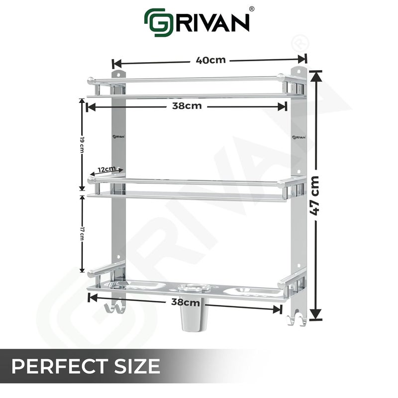 GRIVAN Stainless Steel 3 Layer/3 Tier Multipurpose Bathroom Shelf/Rack/Organizer/Stand/Holder with Double Soap Dish and Toothbrush Holder Tumbler Bathroom Accessories - Image 2