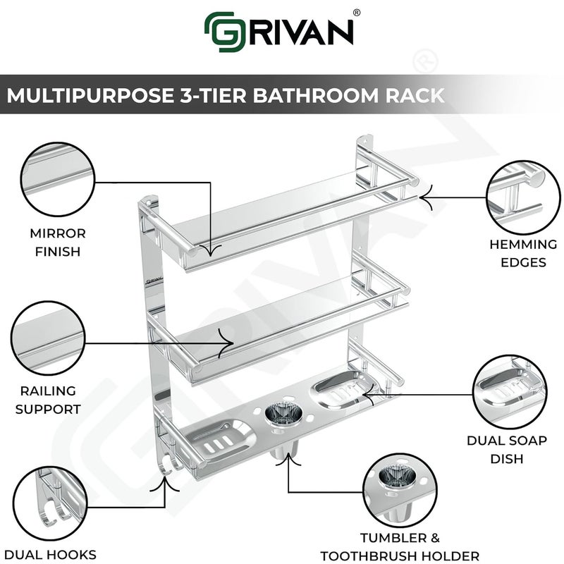 GRIVAN Stainless Steel 3 Layer/3 Tier Multipurpose Bathroom Shelf/Rack/Organizer/Stand/Holder with Double Soap Dish and Toothbrush Holder Tumbler Bathroom Accessories - Image 4
