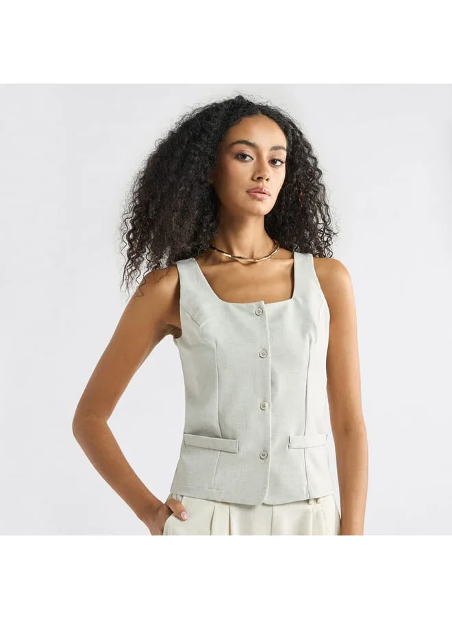 FAV Solid Sleeveless Wrap Jacket with Square Neck and Button Closure