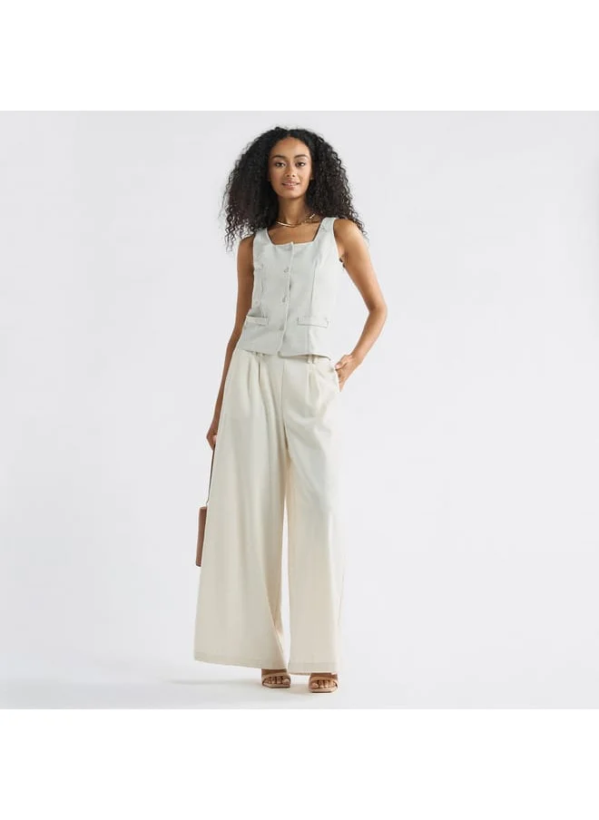 FAV Solid Sleeveless Wrap Jacket with Square Neck and Button Closure