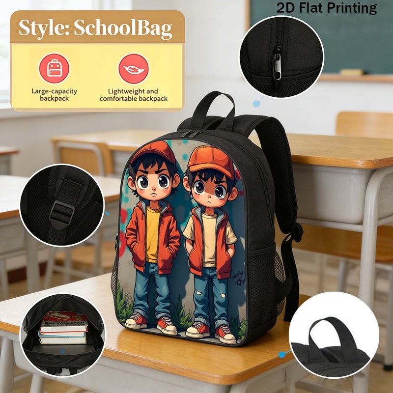School cartoon twin boys Backpack Lightweight Water Resistant 2D Flat Print for travel outdoor party for Students - Image 2
