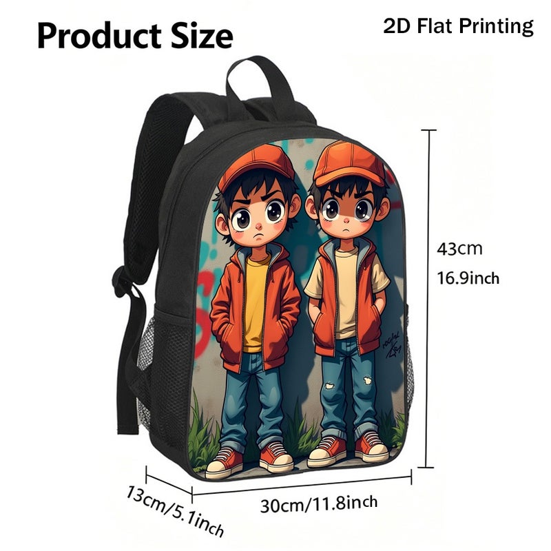 School cartoon twin boys Backpack Lightweight Water Resistant 2D Flat Print for travel outdoor party for Students - Image 3