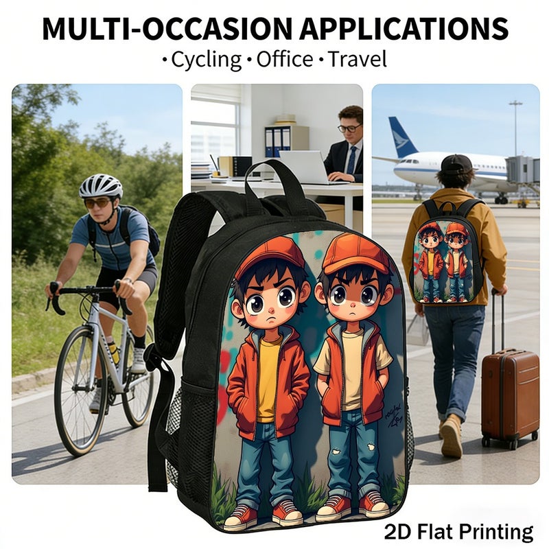 School cartoon twin boys Backpack Lightweight Water Resistant 2D Flat Print for travel outdoor party for Students - Image 5