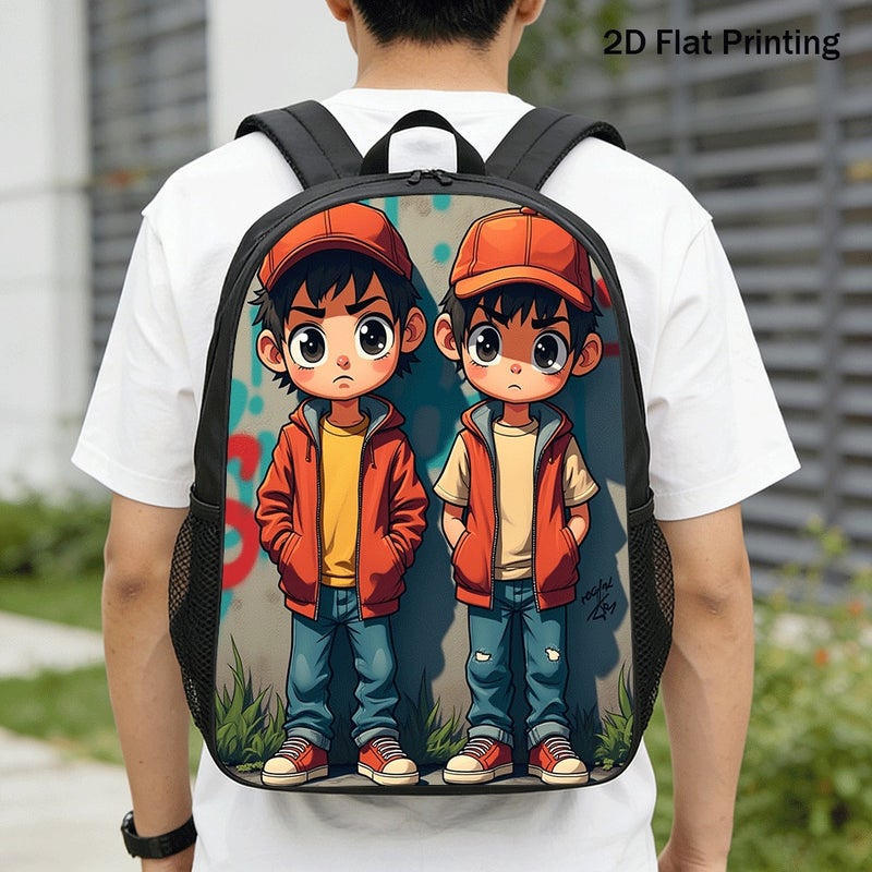 School cartoon twin boys Backpack Lightweight Water Resistant 2D Flat Print for travel outdoor party for Students - Image 1