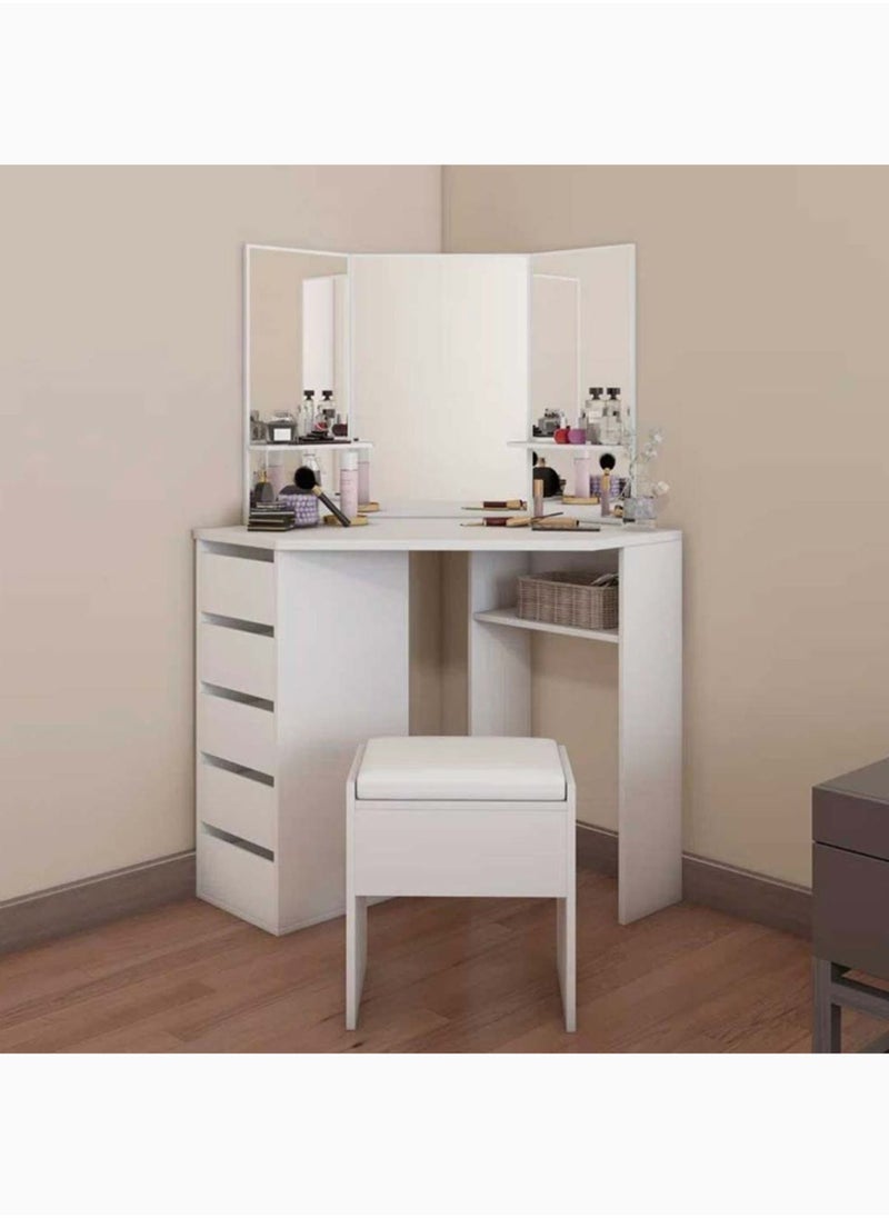 KARNAK Karnak Daniella Corner Dressing Unit with Mirror – Tri-Fold Vanity Mirror – 5 Drawer Dresser – Wood & MDF Makeup Table – 140 x 109 x 55 cm  - Image 2