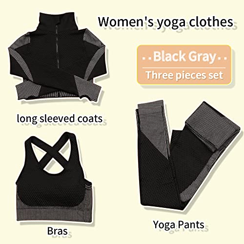 SINBRLAI Women's 3pcs Seamless Workout Outfits Sets, Yoga Sportswear Tracksuit Leggings and Stretch Sports Bra Fitness - Image 4