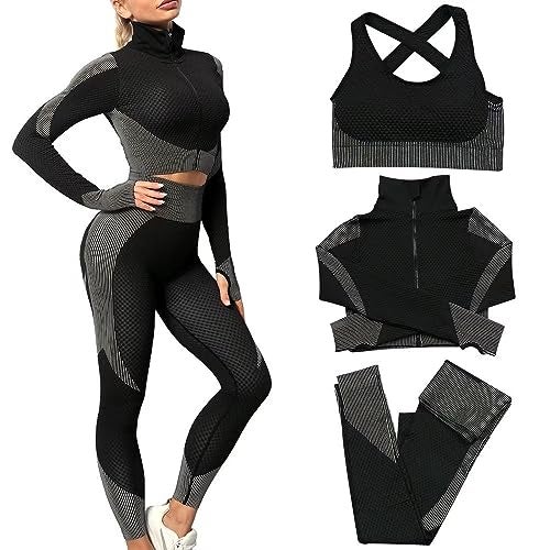 SINBRLAI Women's 3pcs Seamless Workout Outfits Sets, Yoga Sportswear Tracksuit Leggings and Stretch Sports Bra Fitness - Image 1