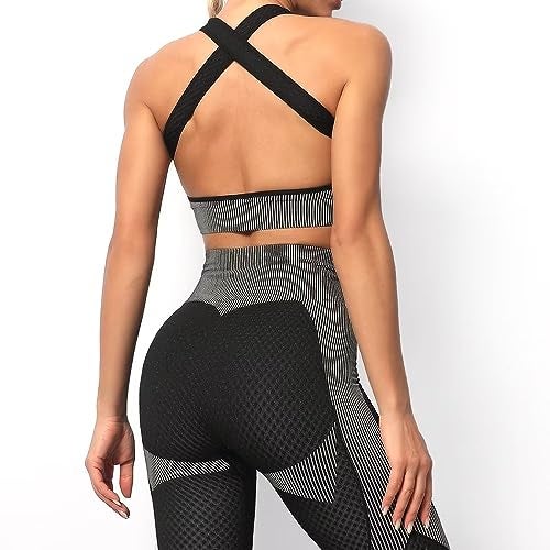 SINBRLAI Women's 3pcs Seamless Workout Outfits Sets, Yoga Sportswear Tracksuit Leggings and Stretch Sports Bra Fitness - Image 2