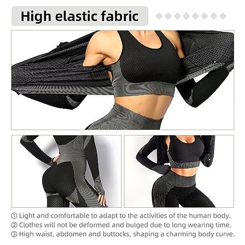 SINBRLAI Women's 3pcs Seamless Workout Outfits Sets, Yoga Sportswear Tracksuit Leggings and Stretch Sports Bra Fitness - Image 3