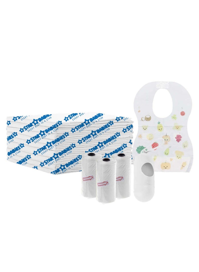 STAR BABiES Combo Packs Changing Mat 45 X 60Cm 10Pcs, Scented Bag Pack Of 3 W/Dispenser 45Bags, Bibs 10Pcs-White  - Image 1