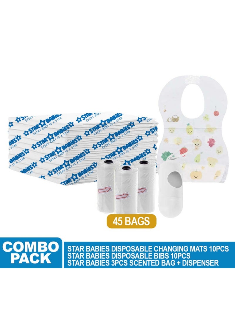 STAR BABiES Combo Packs Changing Mat 45 X 60Cm 10Pcs, Scented Bag Pack Of 3 W/Dispenser 45Bags, Bibs 10Pcs-White  - Image 2