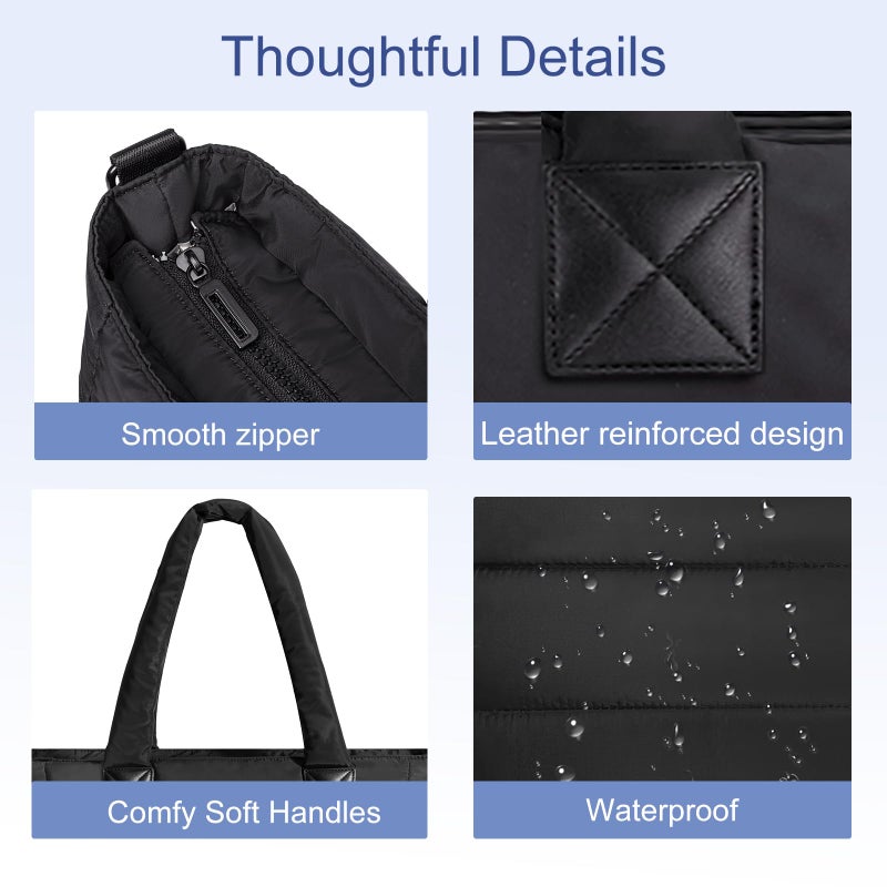 GASSDA Tote Bag for Women Puffer Tote Bag Large Quilted Nurse Bag with Zipper for Work Travel (Z-large Black) - Image 5